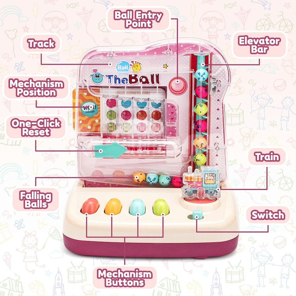 image 1 of Music & Light Educational Ball Roll Toy - Interactive Train Playset with 6 Colourful Balls, Lights, Music, Number & Colour Learning, Coordination-Building Toddler Toy for Ages (Pink)
