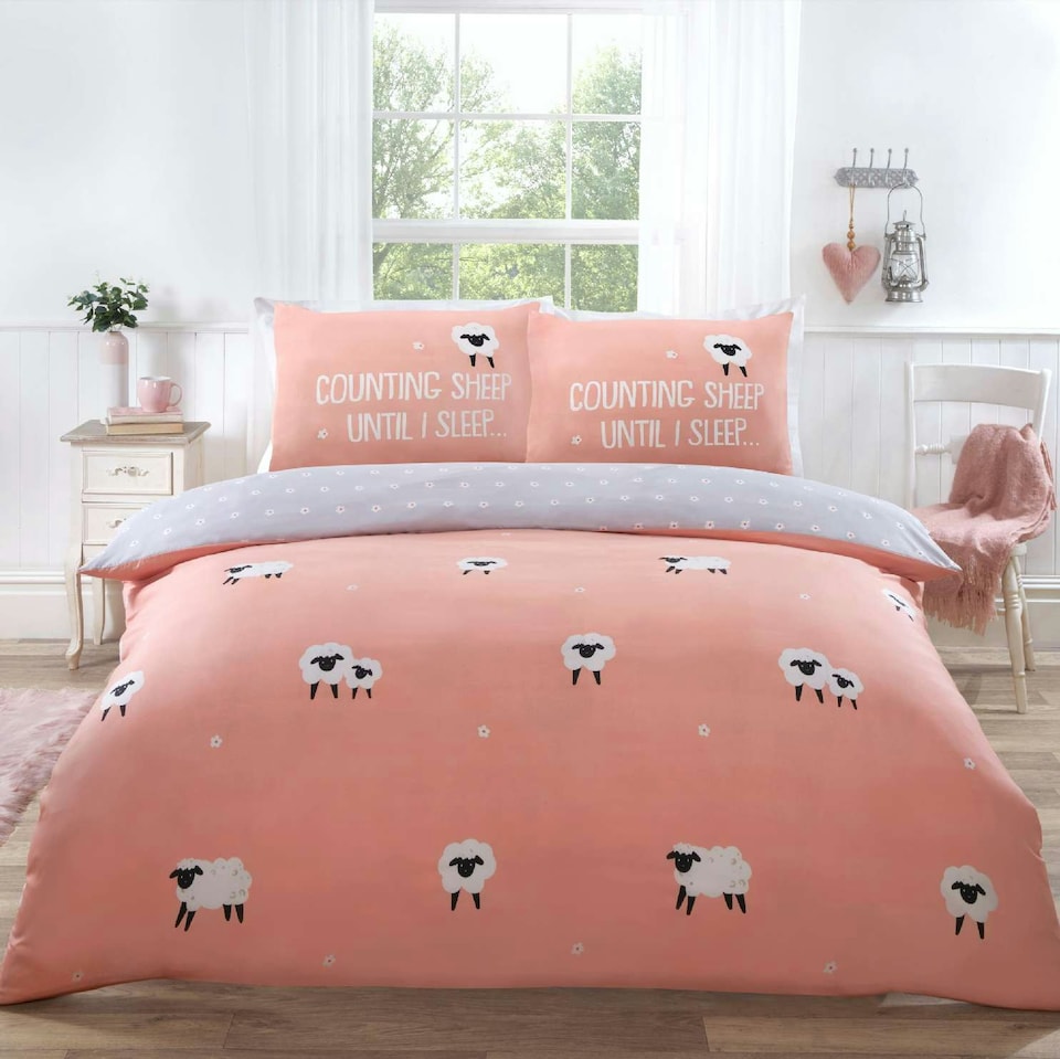 image 1 of Counting Sheep Cotton Duvet Cover Set Cover with Pillowcase | Pink | King | 1