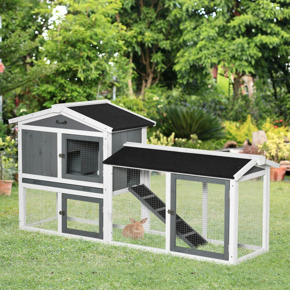 image 1 of PawHut Rabbit Hutch, 2-Tier Wooden Animal House w/ Run Box, Ramp, White