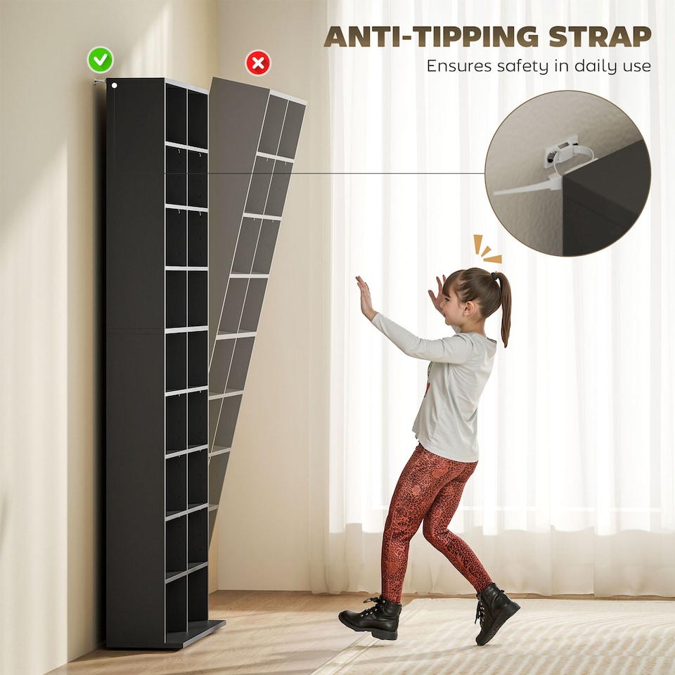 image 1 of HOMCOM 640 CD360 DVD Storage Unit, Blu-ray Media Storage Shelf with 18 Compartments and 14 Adjustable Shelves, CD Tower for Living Room, Bedroom, Office, Black | Black