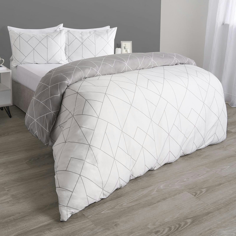 image 1 of OHS Geometric Reversible Print Duvet Cover and Pillowcase Set, Single - Grey