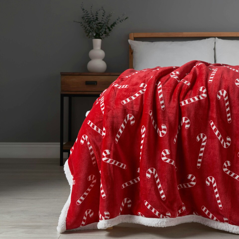 image 1 of BHS Christmas Candy Cane Throw with Sherpa Back, Red | Red | Red | 1