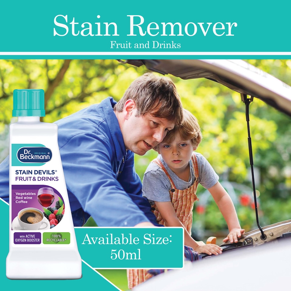 image 1 of Dr Beckmann Stain Devils Fruit and Drink Stain Remover 50ml Pack of 2 for Coffee Tea Wine Juice Fabric Spot Cleaning Solution