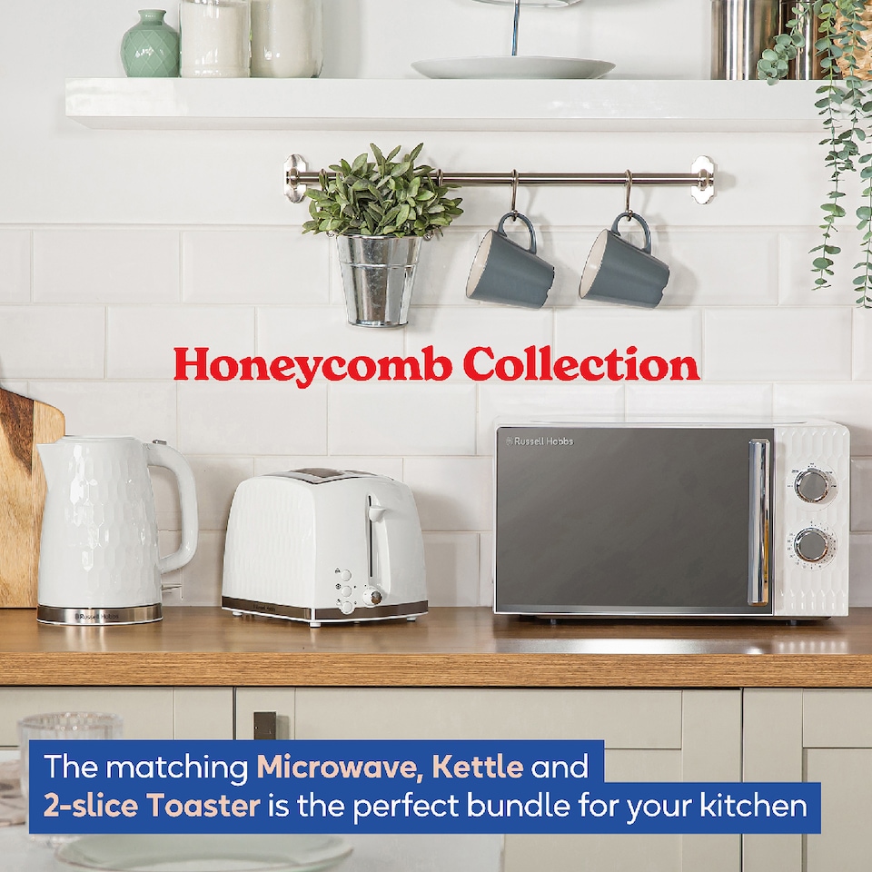 image 1 of Russell Hobbs Honeycomb Bundle Set with Kettle, 2 Slice Toaster, and Microwave White HCBNDL2W