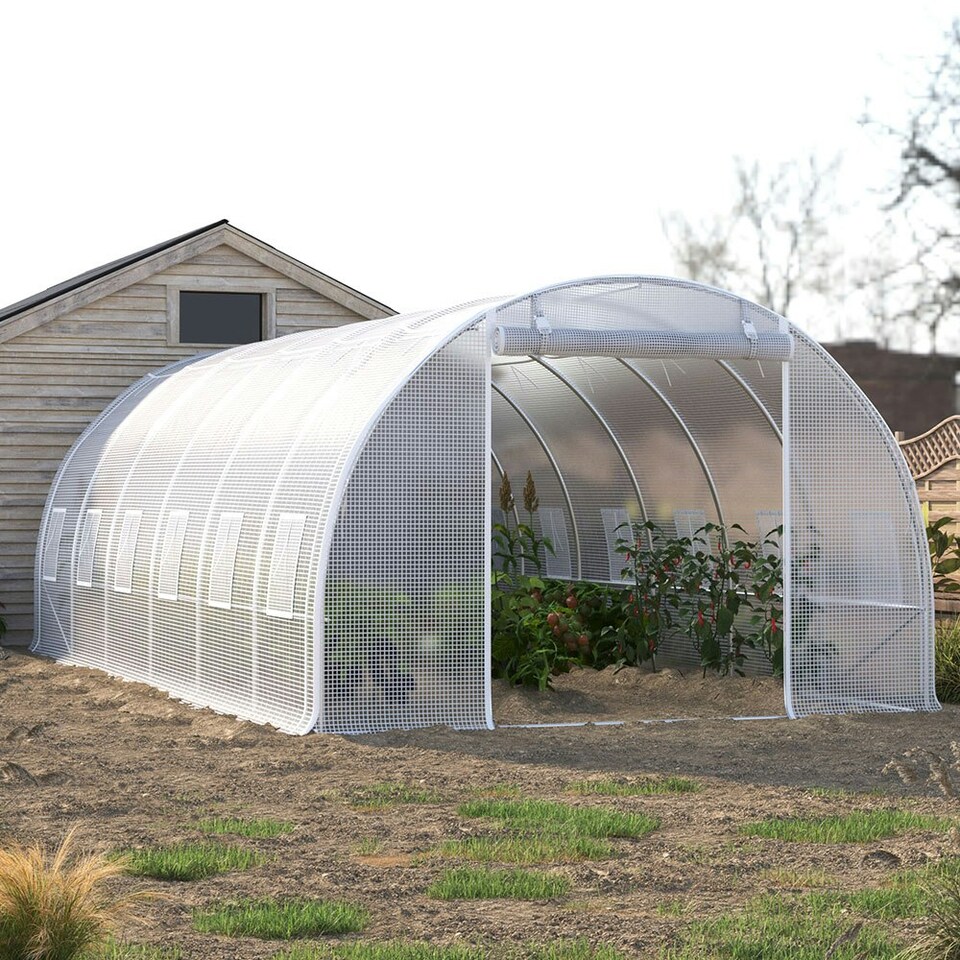 image 1 of Living and Home Outdoor Walk-in Tunnel Greenhouse with Steel Frame - White