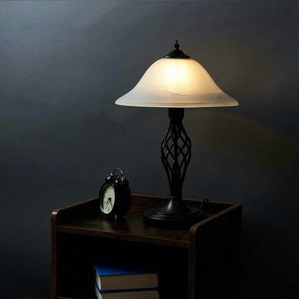 image 1 of ValueLights Memphis Pair of - Satin Black Barley Twist Table Lamps with Frosted Alabaster Shade and LED Bulb