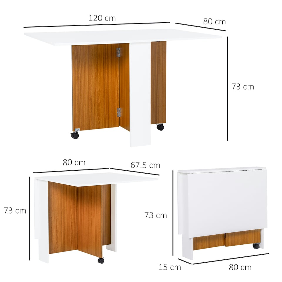 image 1 of HOMCOM Folding Dining Table Mobile Writing Desk w/ Casters Teak Colour, White