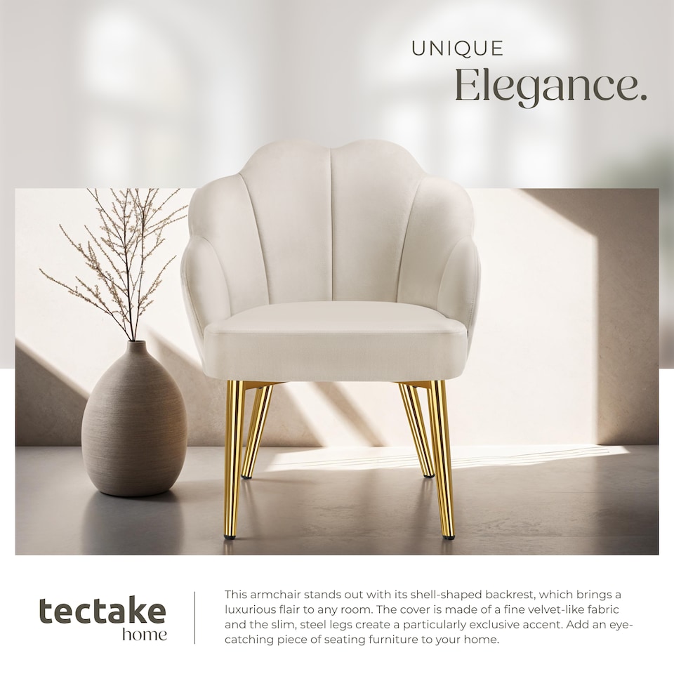 image 1 of Accent Chair Hellen - velvet cover, padded, extra-wide shell-shaped backrest | Cream | cream/gold | 2