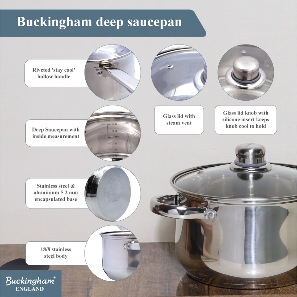 image 1 of Buckingham Stainless Steel Deep Saucepan with Glass Lid  20 cm , 3.8 Litre | Silver