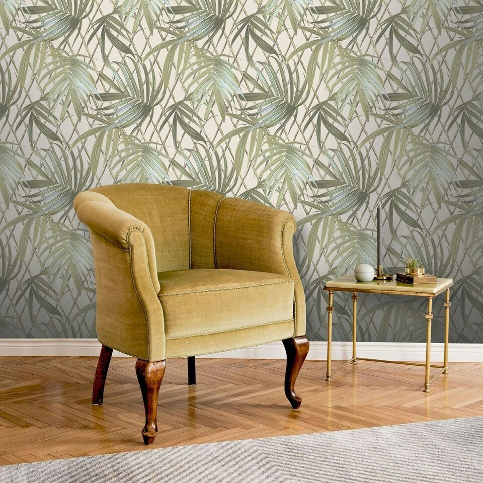 image 1 of Rasch Paradise Palm Leaf Heavyweight Vinyl Textured Wallpaper - Green/Cream - 10m x 53cm Green