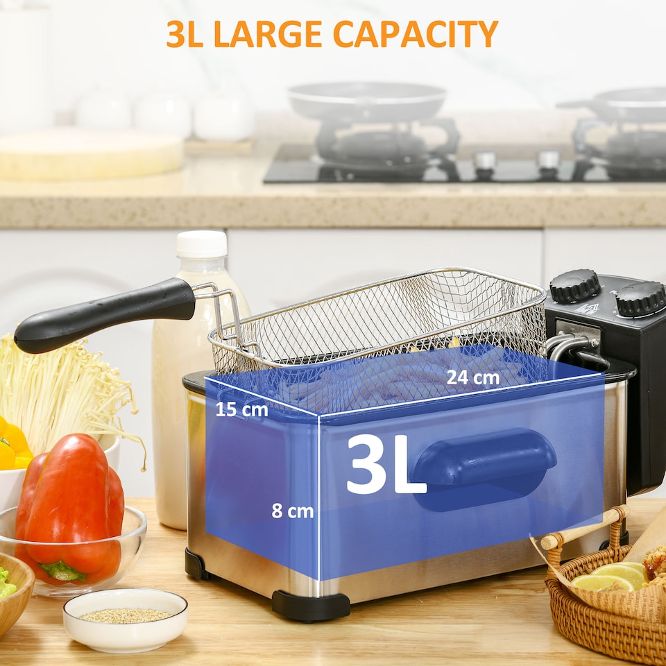 image 1 of HOMCOM 3 Litre Deep Fat Fryer Stainless Steel with Adjustable Temperature, 60min Timer, Removable Oil Basket, Viewing Window and Safety Cut Out, 2000W