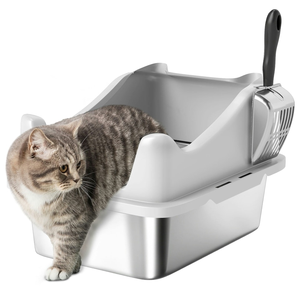 image 1 of PawHut Stainless Steel Cat Litter Box with High Sides Grey | M