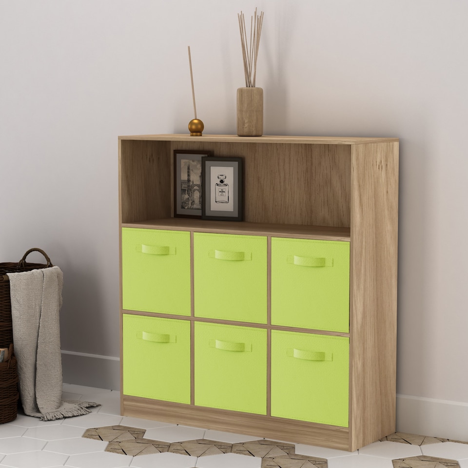 image 1 of Wide 7-Cube Bookcase With Drawers | Brown | Oak & Green | 1