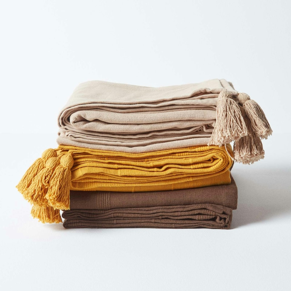image 1 of Homescapes Cotton Rajput Ribbed Mustard Throw - 225 x 255 cm Yellow