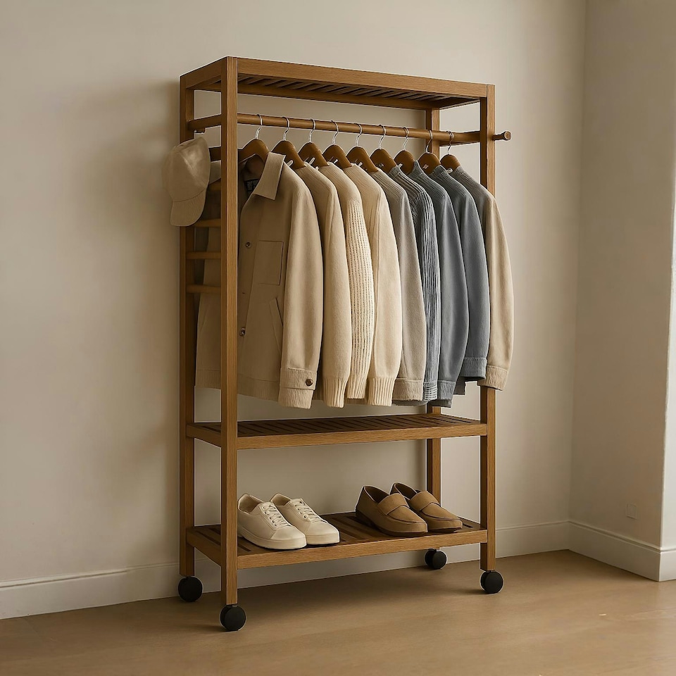 image 1 of Bamboo Clothes Rack | Portable Open Wardrobe with Shoe Storage Brown | One Size