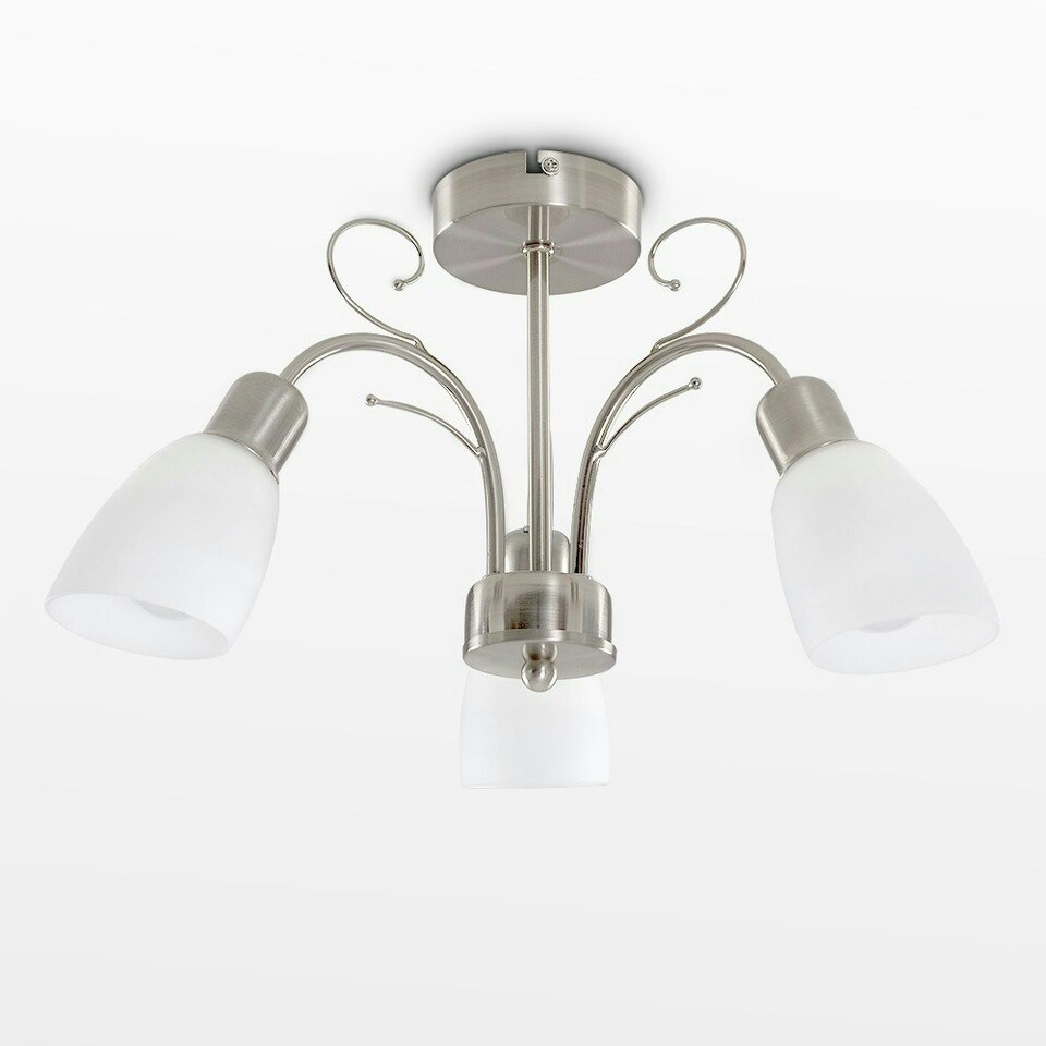 image 1 of ValueLights Newlyn Brushed Silver Semi-Flush Light and E14 Golfball LED 4W Warm White 3000K Bulb