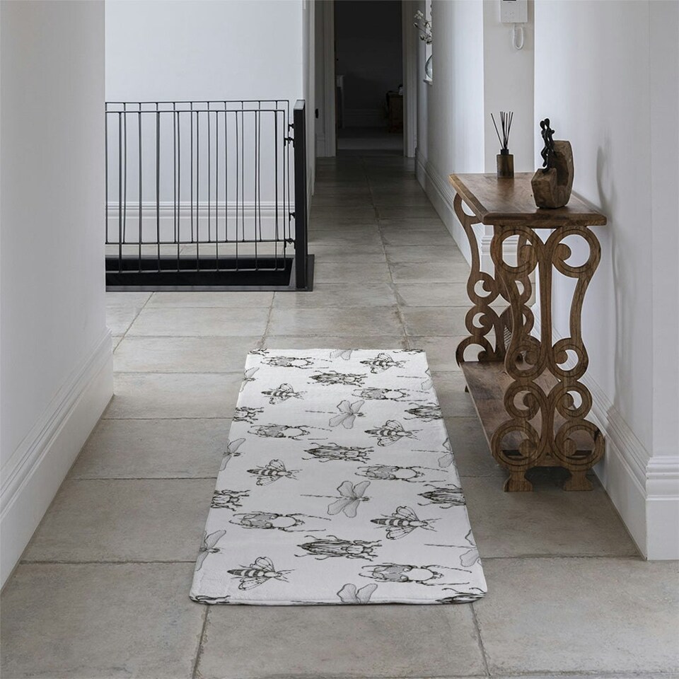 image 1 of Sketch of Scarab Beetle, May bug, Bee and Dragonfly (Runner Rug) White
