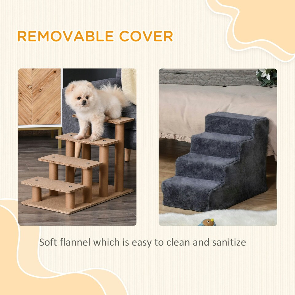 image 1 of PawHut Four-Step Portable Dog Stairs with Washable Plush Cover, Dark Grey