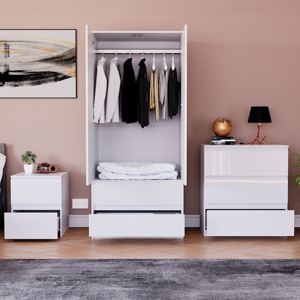 image 1 of Vida Designs Glinton 3 Piece FSC Certified Bedroom Set (2 Drawer Bedside Chest, 3 Drawer Chest, 2 Door 2 Drawer Wardrobe), White White | White