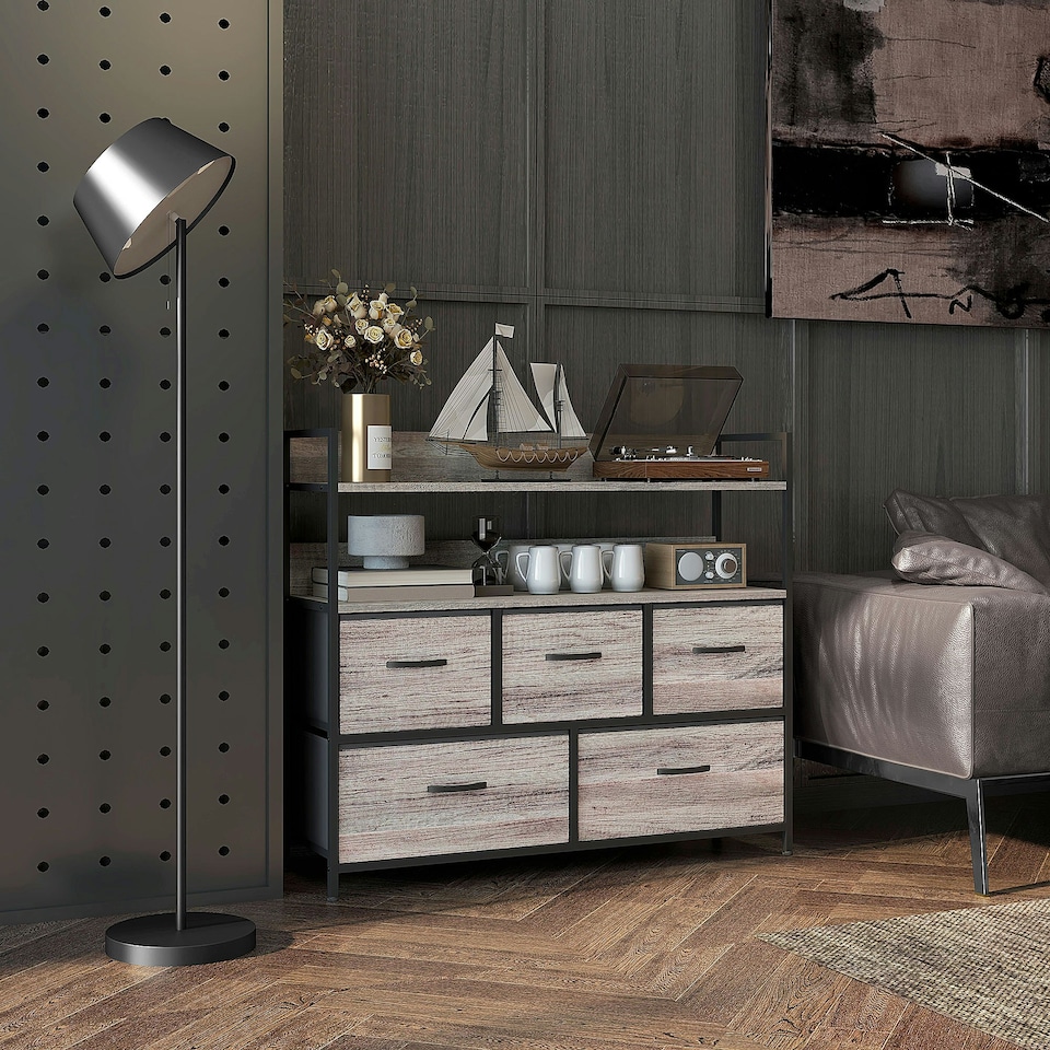 image 1 of HOMCOM Bedroom Chest of Drawers, Fabric Dresser with 5 Drawers, Storage Organiser Unit with Open Shelves and Metal Frame for Living Room, Entryway, Rustic Brown