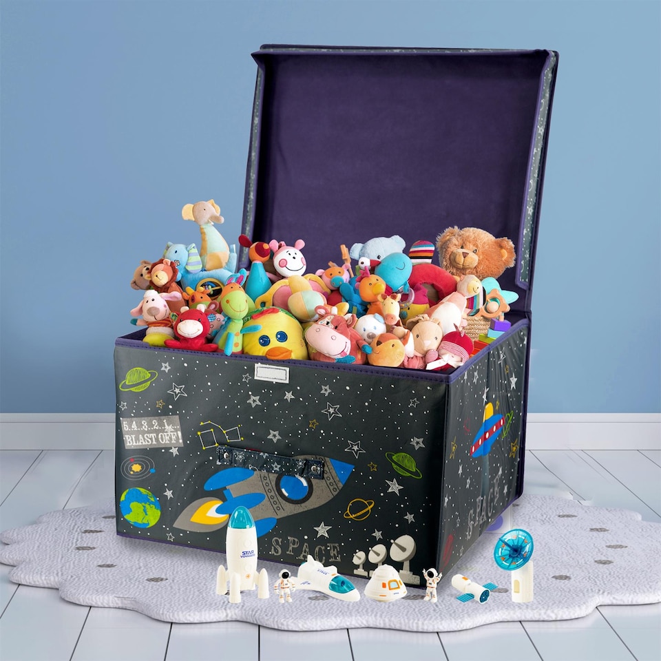 image 1 of The Magic Toy Shop Space Themed Kids Storage Box Large Black Foldable Organizer 50x30x40cm