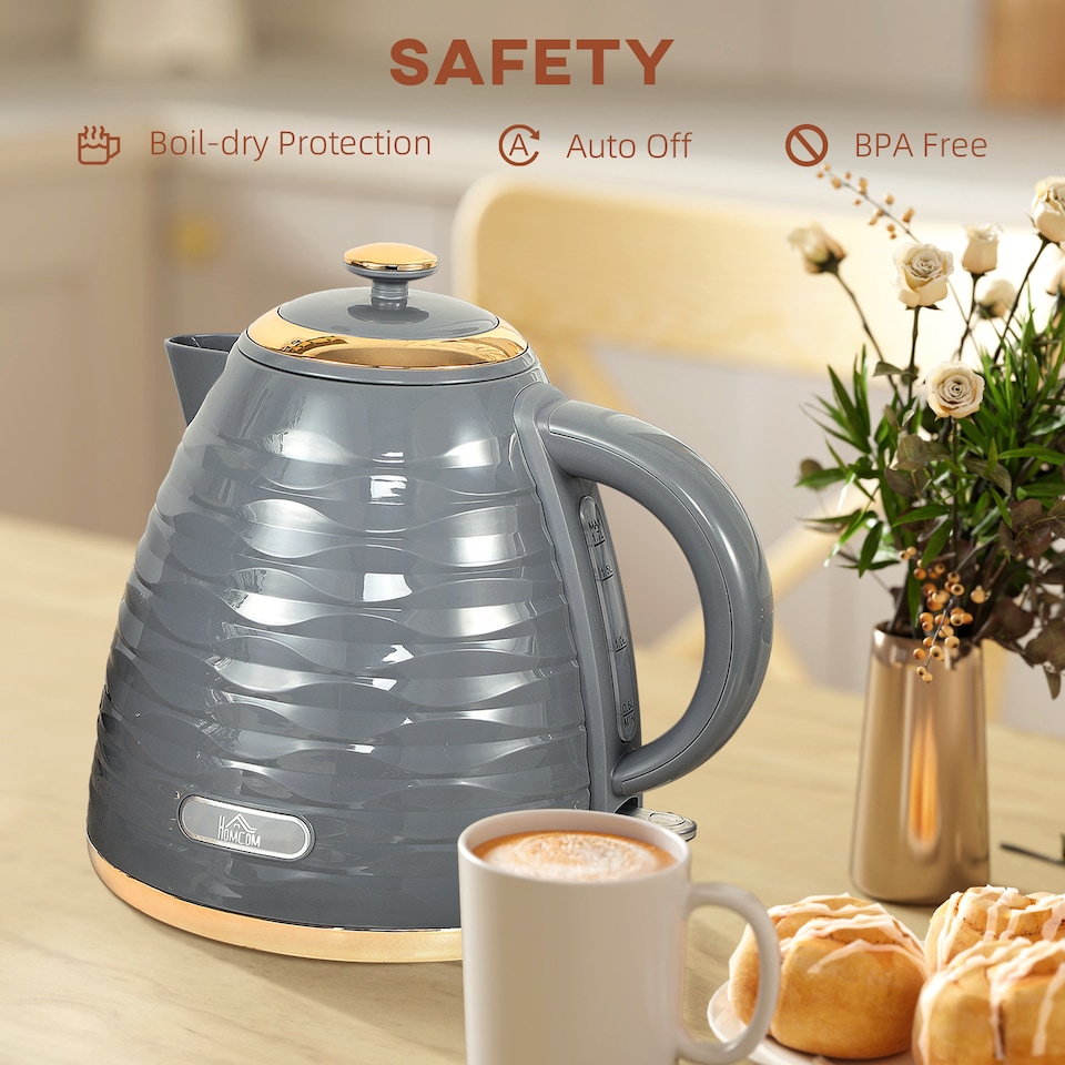 image 1 of HOMCOM Electric Kettle 1.7L, Fast Boil, 3kW Cordless Water Kettle with Removable Washable Anti-scale Filter, UK Otter Thermostat, Auto Shut-off, 360° Swivel, BPA Free, Grey Water Ripple Texture
