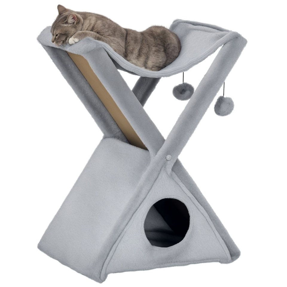image 1 of PawHut Two Tier Plush Folding Cat Tree Tower with Scratching Post Grey