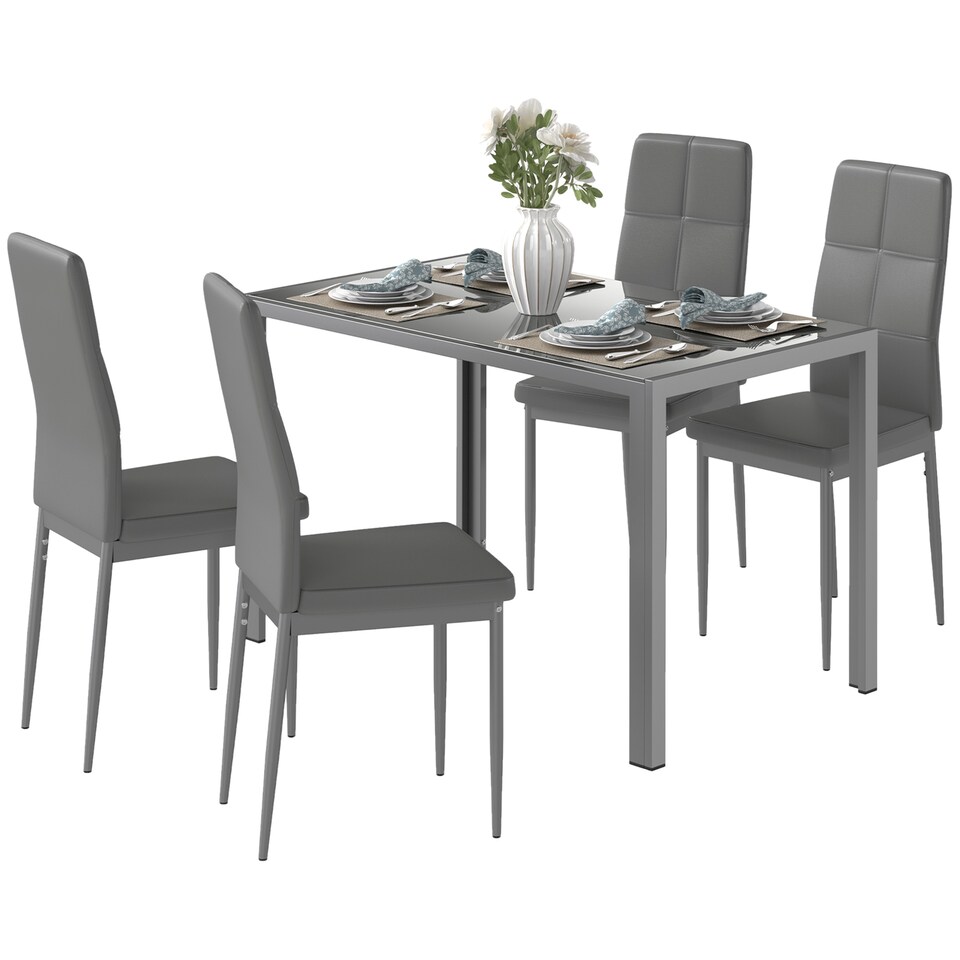 image 1 of HOMCOM 5-Piece Kitchen Dining Table Set with 4 Faux Leather Metal Frame Chairs Glass Tabletop Desk for Dining Room, Kitchen, Dinette, Grey