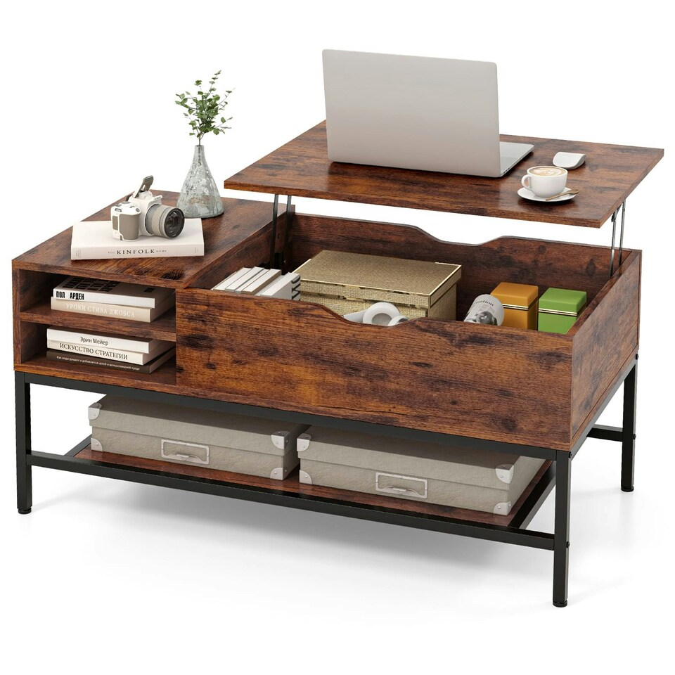 image 1 of COSTWAY Lift Top Coffee Table w/ Storage Shelf Coffee Brown