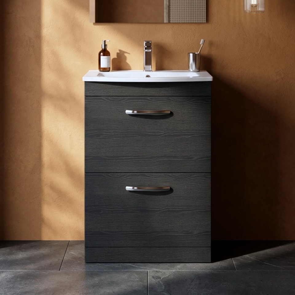 image 1 of Balterley Millwich Contemporary 2 Drawer Floor Standing Vanity Unit with Curved Basin, Charcoal Black, 600mm