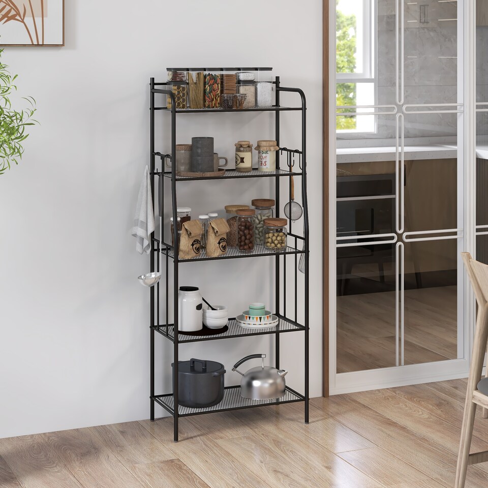 image 1 of HOMCOM 5-Tier Kitchen Storage Unit, Microwave Stand with 5 Mesh Open Shelves and 4 Hooks, Modern Coffee Bar Station with Steel Frame for Living Room, Black