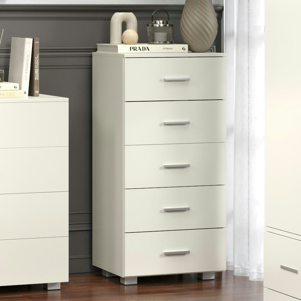 image 1 of Lido, 5 Narrow Chest Of Drawers White