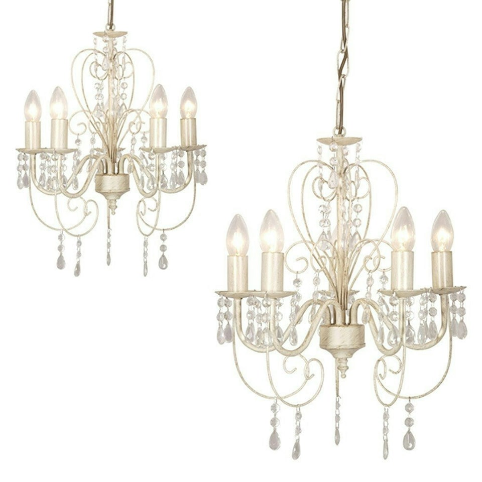 image 1 of ValueLights Pair Of Distressed Shabby Chic 5 Way White Pendant Ceiling Lights Chandeliers