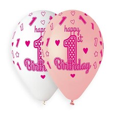 1st Birthday Pink Latex Balloons 33cm / 13 in - Pack of 6