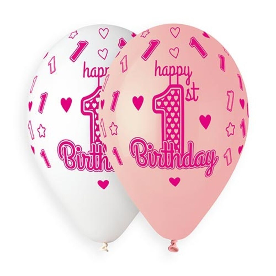 image 1 of 1st Birthday Pink Latex Balloons 33cm / 13 in - Pack of 6