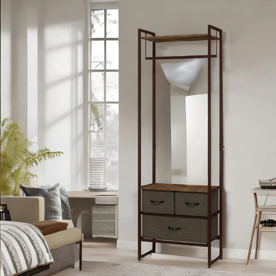 image 1 of Industrial Hall Tree Coat Rack With 3 Fabric Drawers Brown One Size