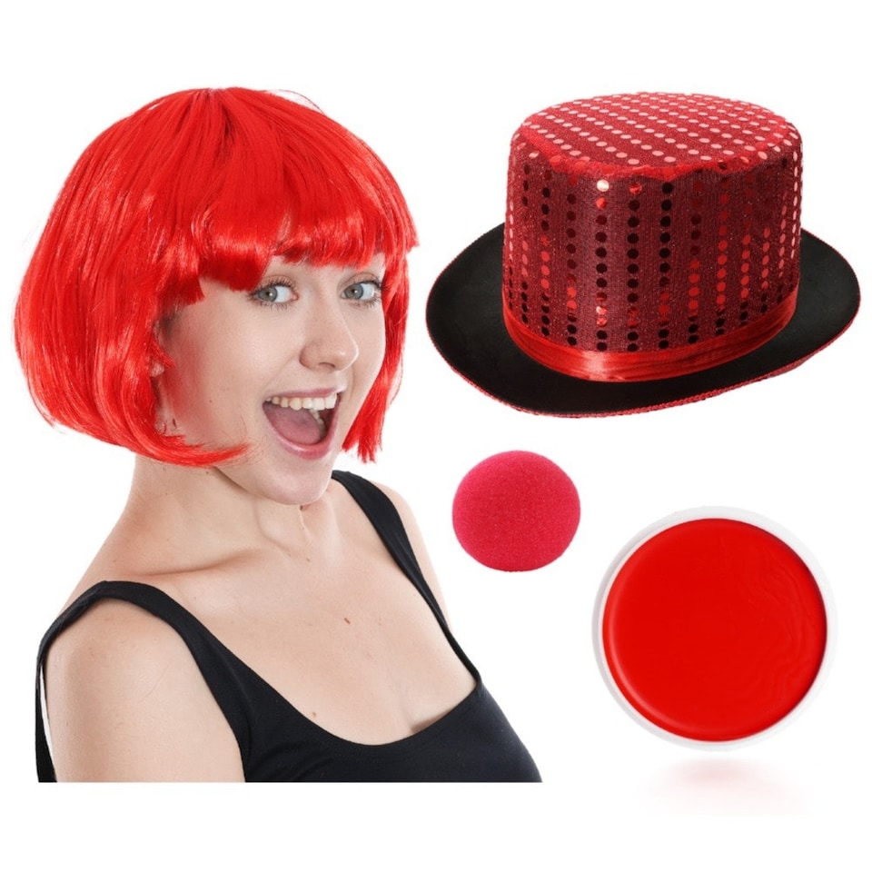 image 1 of Red Nose, Sequin Top Hat, Bob Wig & Face Paint Red | One Size