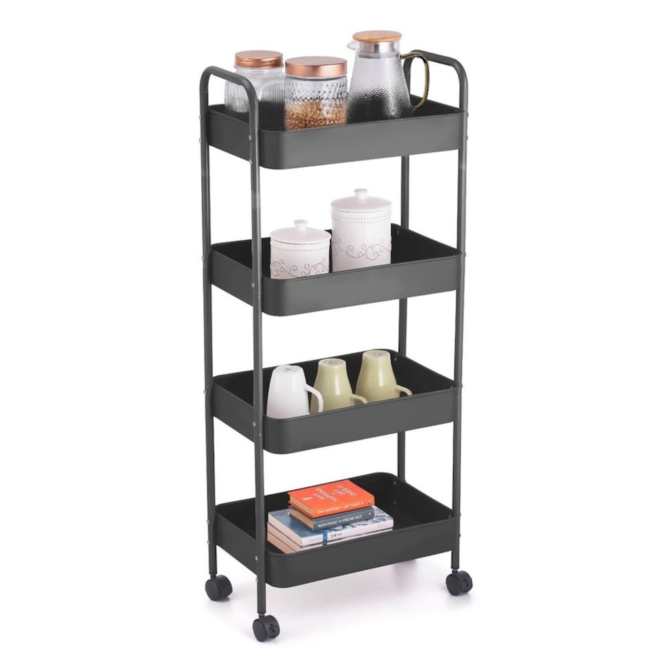 image 1 of Shelf Plastic Slim Storage Trolley Cart Castor Wheels Kitchen Organiser | Black | Black | 4 Tier Black