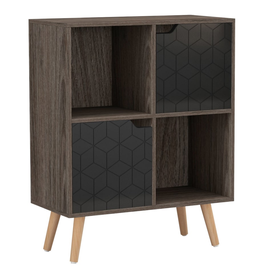 image 1 of Anthracite Oak 4-Cube Storage Unit with 2 Geo Doors and Legs | Black | Black & Beech | 1