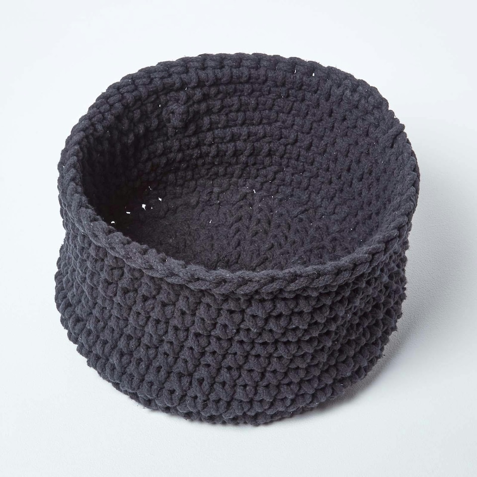 image 1 of Homescapes Black Cotton Knitted Round Storage Basket - 37 x 21 cm | Black | Black | M
