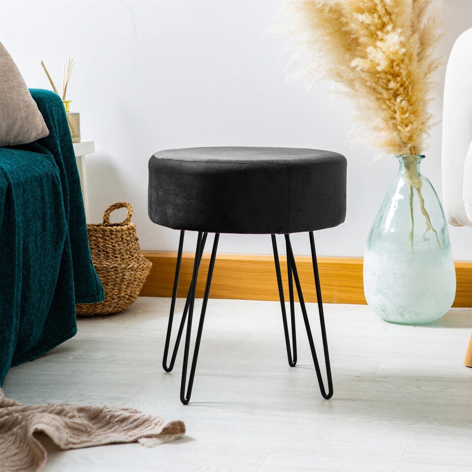 image 1 of Harbour Housewares Round Velvet Footstool - H40 x D35cm - Black/Black | Black | Black/Black