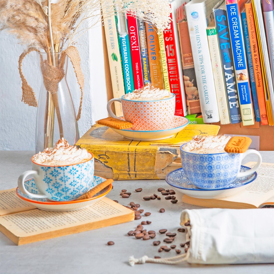 image 1 of Nicola Spring 12 Piece Hand-Printed Cappuccino Cup & Saucer Set - 250ml - Blue