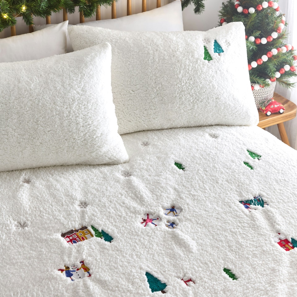 image 1 of furn. Festive Christmas Together Teddy Fleece Duvet Cover Set | White | Double
