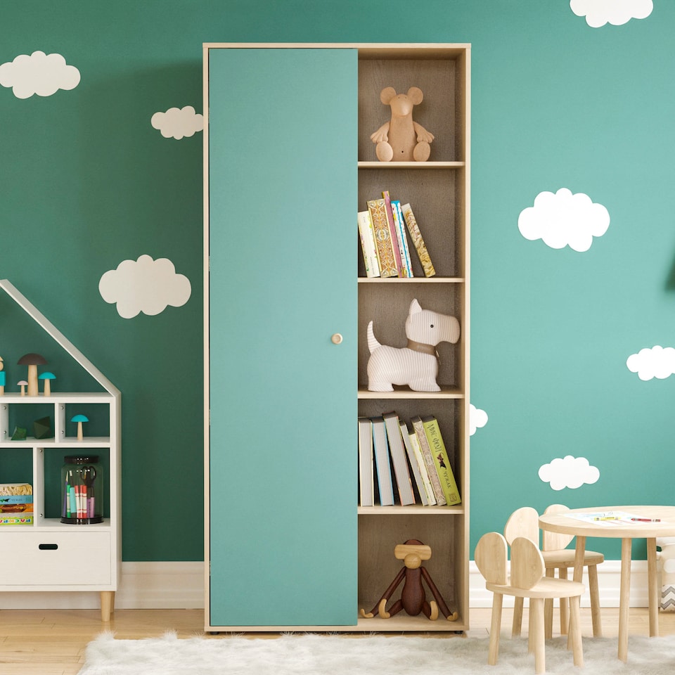 image 1 of Junior Vida Neptune 1 Door Wardrobe 5 Shelves & Clothes Rail, Blue & Oak