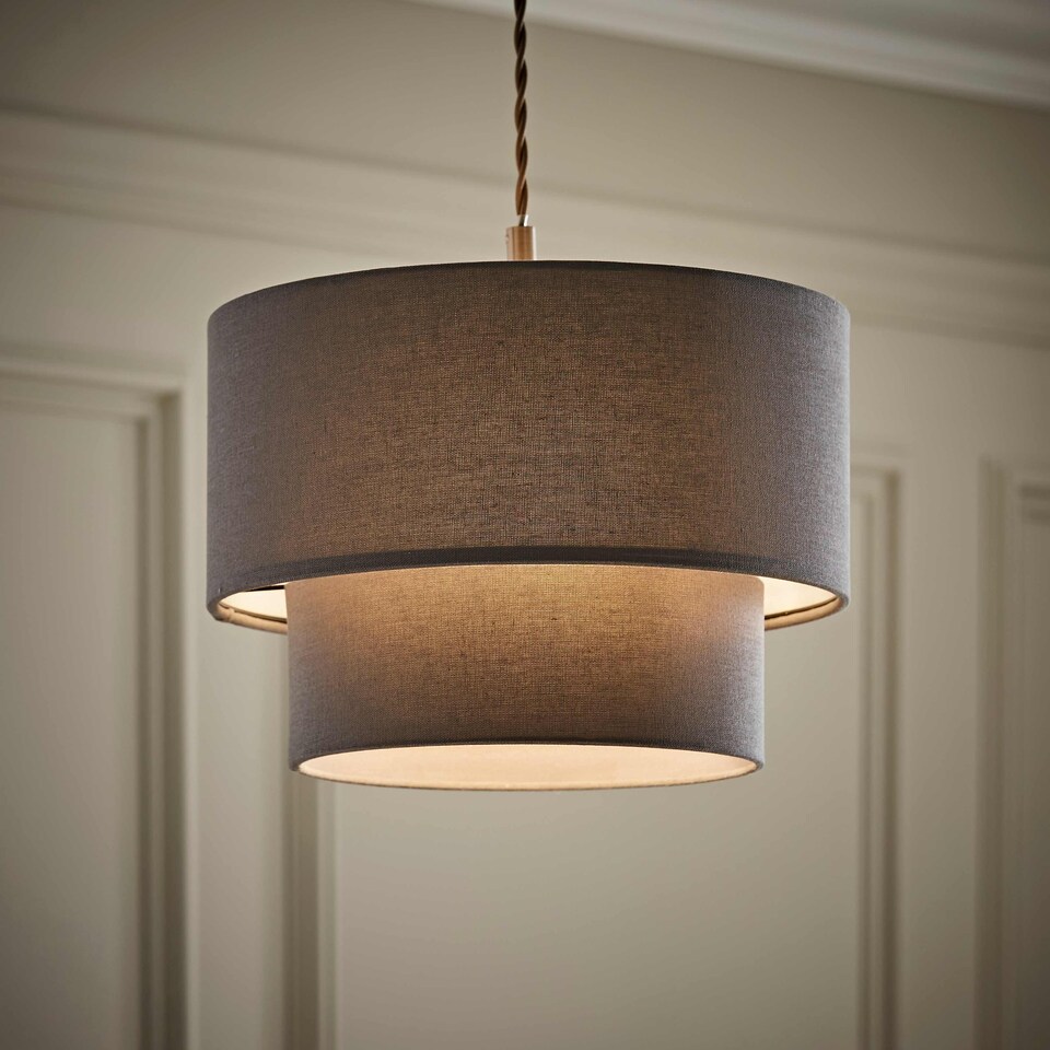 image 1 of ValueLights Jodie Two Tier Grey Linen Ceiling Drum Lamp Shade | Grey