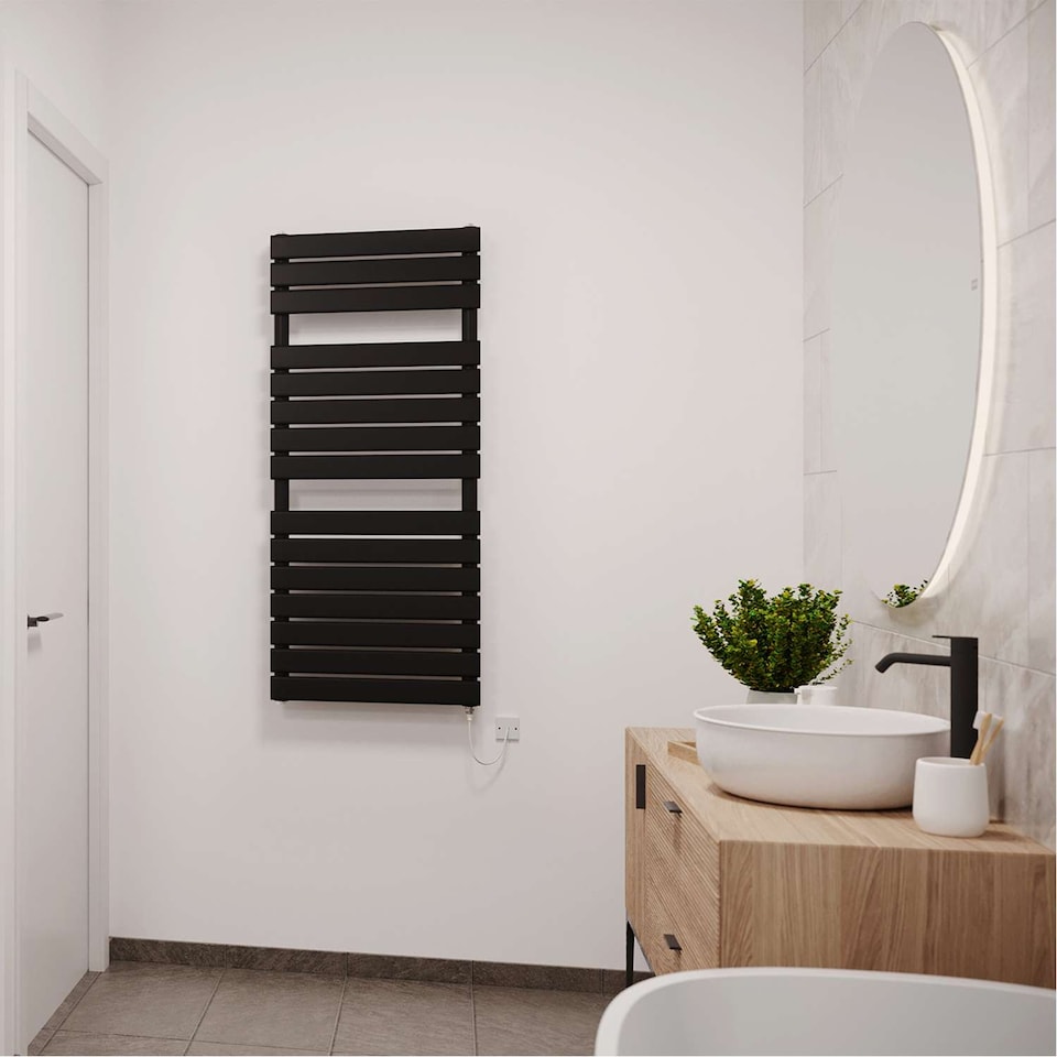 image 1 of Typhoon Electric Towel Rail Standard Heated Bathroom Radiator - Black (H) 1156mm x (W) 500mm - 600W
