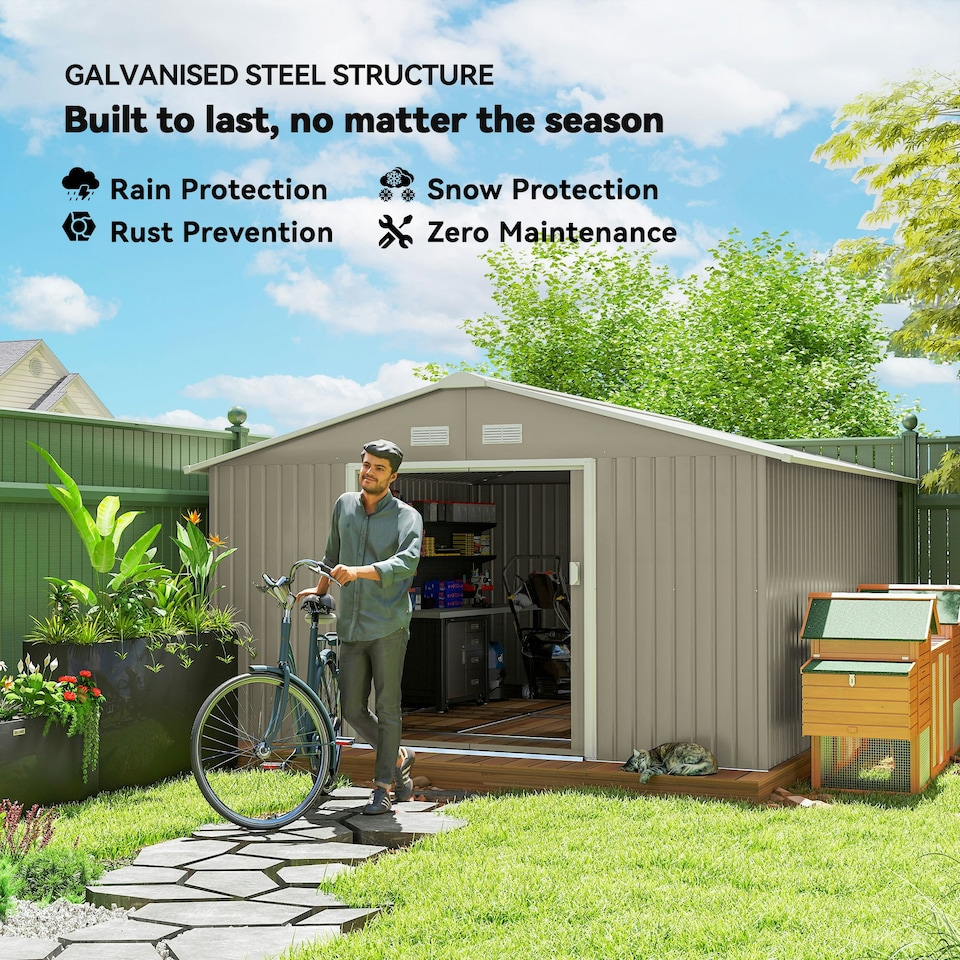 image 1 of Outsunny 13 x 11ft Garden Shed Storage with Foundation Kit & Vents Light Grey