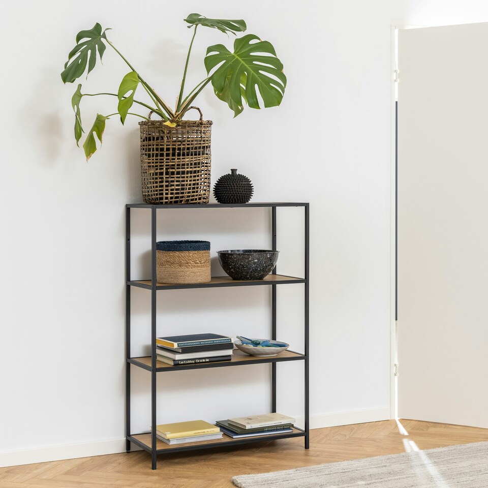 image 1 of Seaford Black Metal Low Bookcase with 3 Oak Shelves