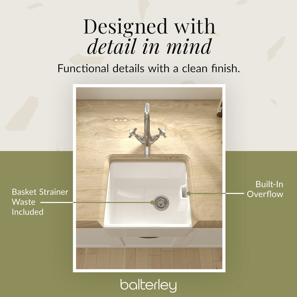 image 1 of Single Bowl Fireclay Compact Belfast Kitchen Sink & Basket Strainer Waste - 460mm