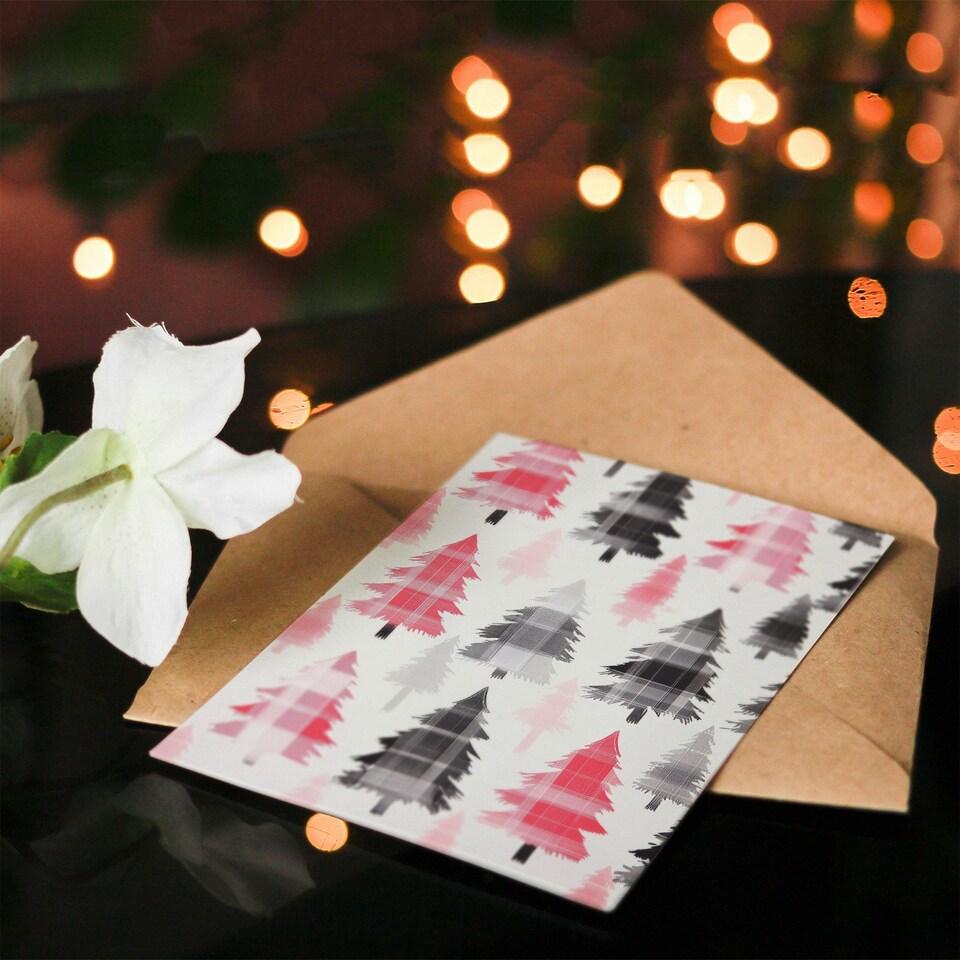image 1 of Pink Grey Scottish Tartan Pattern Trees Modern Blank For Him Or Her Art Christmas Card